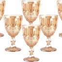 Vintage Wine Glasses Set of 6, 10 Ounces Colored Glass Water Goblets, Unique Embossed Pattern High Clear Stemmed Glassware Wedding Party Bar Glass Drinking Cups Floral Amber