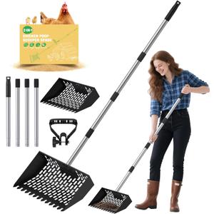 Chicken Poop Scooper for Sand 2-in-1, Heavy Duty Chicken Scooper for Poop with 35" to 65" Stainless Steel Handle, Chicken Coop Scooper Rake, Litter Scooper Sand Sifting Shovel for Chicken Coops & Pet