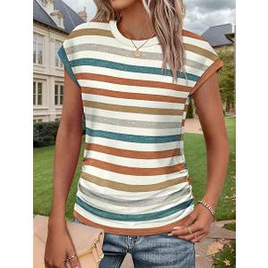 Ronuti Womens Short Sleeve Tshirts Crew Neck Womens T-shirts with Side Shirring Cruise Clothes for Women Summer T-shirts, Medium