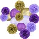 KAXIXI Hanging Party pom pom Set, 15pcs Purple Gold Paper Flowers Pom Poms Balls and Paper Lanterns for Wedding Birthday Bridal Baby Shower Graduation, LanternPomPom010