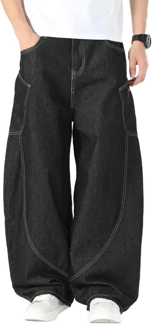 Nutriangee Men's Baggy Barrel Wide Leg Jeans for Men Women Loose Fit Streetwear Y2k Hip Hop Denim Pants (28, Black 166)