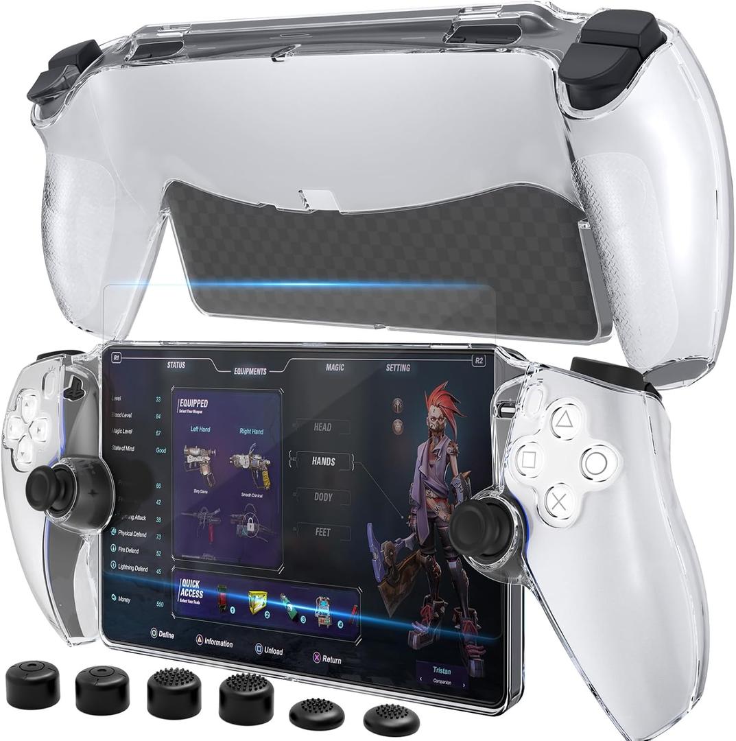 HEYSTOP Case for PlayStation 5 with Screen Protector Tempered Glass, PS5 Protective Case with Comfortable Ergonomic Grip, 6 Thumb Stick Caps (Clear)