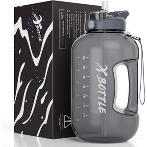 1 Gallon Water Bottle with Straw & Chug lid, BPA Free Dishwasher Safe 128oz Large Water Bottle with Motivational Time Marker and Handle Leak-proof Big Water Jug for Camping Sports Workouts (Black)