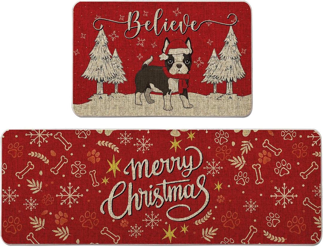 Christmas Kitchen Mat Set of 2 Boston Terrier Kitchen Rugs, Xmas Decorative Farmhouse Floor Mats for Home Kitchen Dining Room Decorations - 17x27 and 17x47 Inch