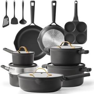 CAROTE 17pcs Pots and Pans Set Non Stick Dark Grey, Kitchen Cookware Set with Gold Trim, Premium Nonstick Pot and Pan, Induction Cookware