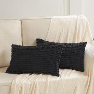 Fancy Homi 2 Packs Black Decorative Throw Pillow Covers 12x24 Inch for Living Room Couch Bed Sofa, Rustic Farmhouse Boho Home Decor, Soft Striped Corduroy Square Cushion Case 30x60 cm