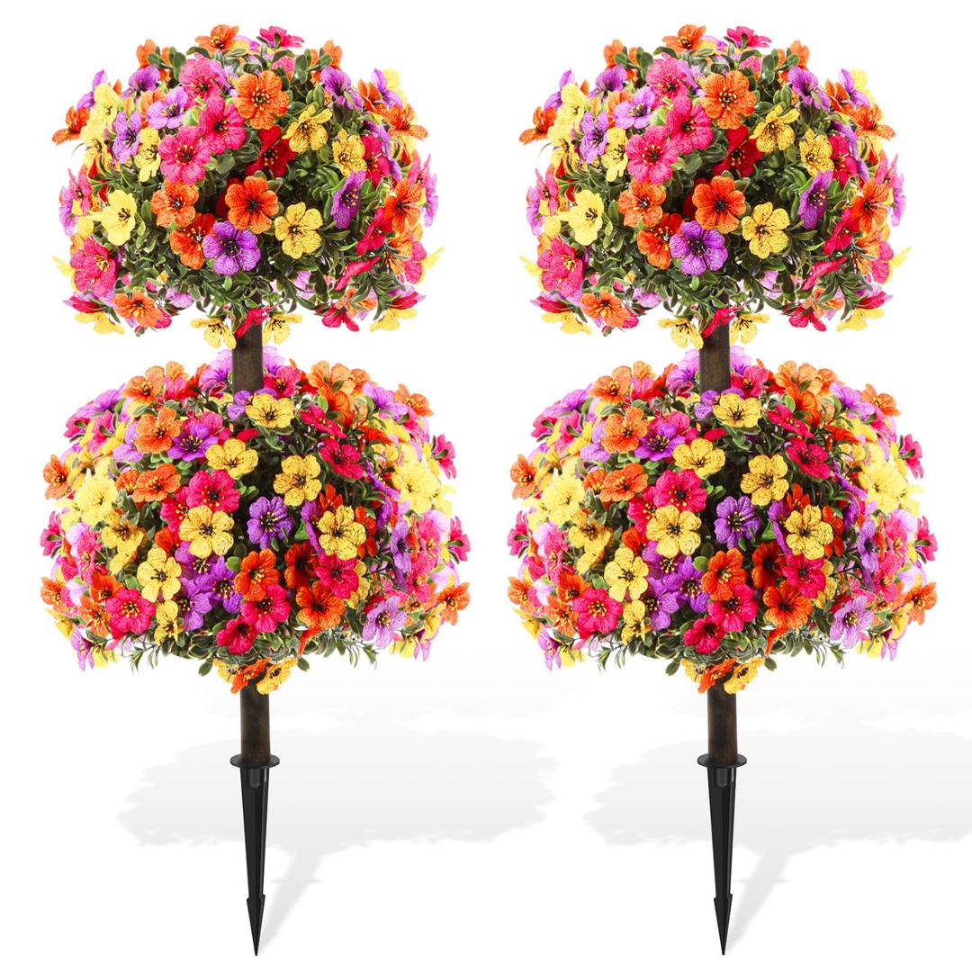 Daifunli 28 Inch Set of 2 Artificial Flowers Topiary Tree Double Ball Boxwood with Spikes for Outdoor UV Resistant Faux Shrubs, Realistic Fake Bushes for Garden Front Porch Patio Decor (Colorful)