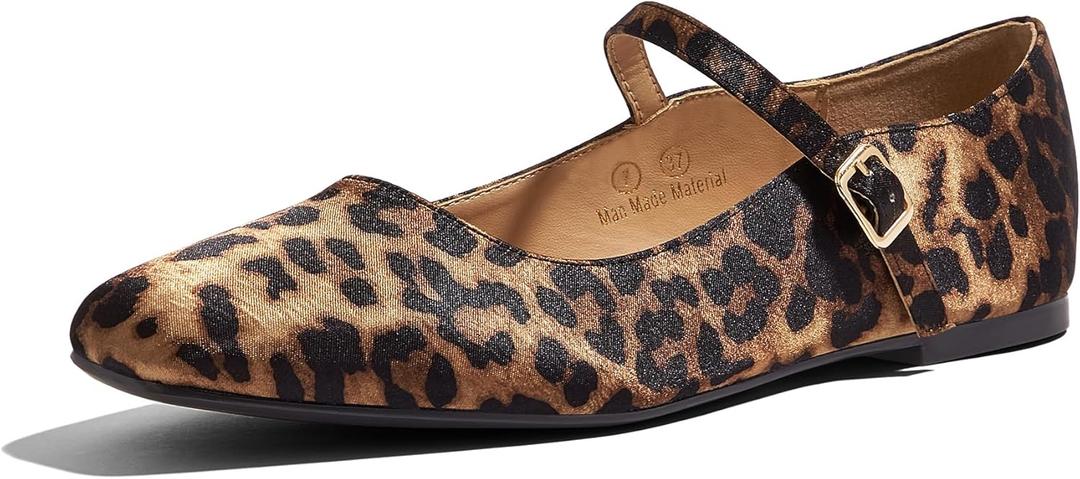 LUCKY STEP Women's Mary Jane Flat Shoes Comfortable Dress Shoes Ankle Strap Round Toe Retro Faux Leather Slip On Flats (7, Leopard)