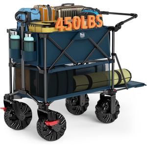 TIMBER RIDGE Push & Pull Double Decker Wagon, 400L Large Capacity Heavy Duty & 450lb Load, Collapsible Cart with All-Terrain Wheels & Brakes, 54 Extended Foldable for Sports, Beach, Camping, Blue