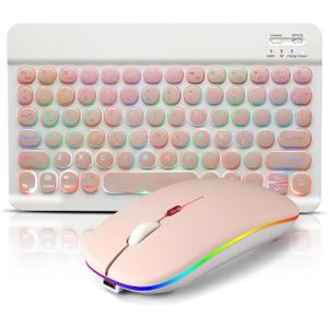Bluetooth Keyboard and Mouse Combo for iPad - Rechargeable Wireless Keyboard & Mouse with 7-Color Backlit Compatible with iPad 9th/8th Gen, iPad Pro/Air/Mini, iPhone14/13/12 Pro, Round Keys Pink