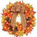 Fall Door Wreaths with Lights, 24 inch Large Farmhouse Pumpkin Wreath with Bow for Autumn Wreaths for Front Door Outside Table Centerpiece Thanksgiving Harvest Decor