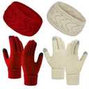 4Pcs Touchscreen Gloves Winter Headbands for Women, Touch Screen Winter Gloves Ear Warmers for Cold Weather Running (Red Beige)