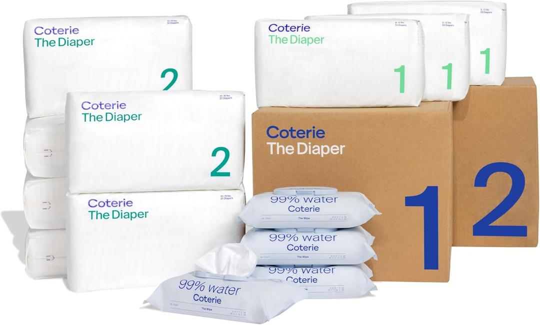 Coterie Baby Wipes + Diapers Kit, Size 1 (99 Count) & Size 2 Diapers (186 Count), 4 Pack (224) Baby Wipes with 99% Water, Plant Based Materials, Hypoallergenic for Sensitive Skin