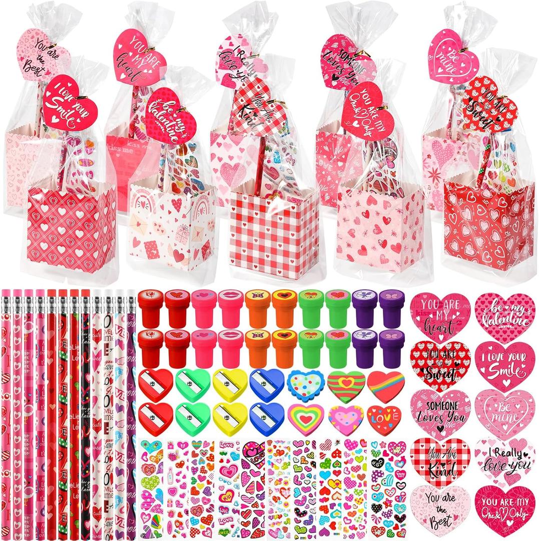 Pasimy 240 Pcs Valentine's Day Stationery Gifts for Kids, Valentines Popcorn Boxes Valentines Gift Tag Heart Shape Pencil Sharpener Eraser Pencil Sticker Stamp for Classroom Exchange Gift Prize Supply