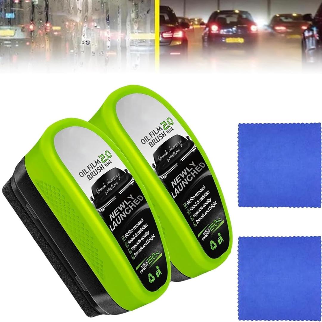 2Pcs Upgrade Automotive Oil Film Cleaning Brush, 2025 New 2.0 Green Oil Film Wipe, Car Glass Oil Film Cleaner for Windshield, Oil Film Cleaning Brush, Glass Oil Film Remover, Improves Clarity