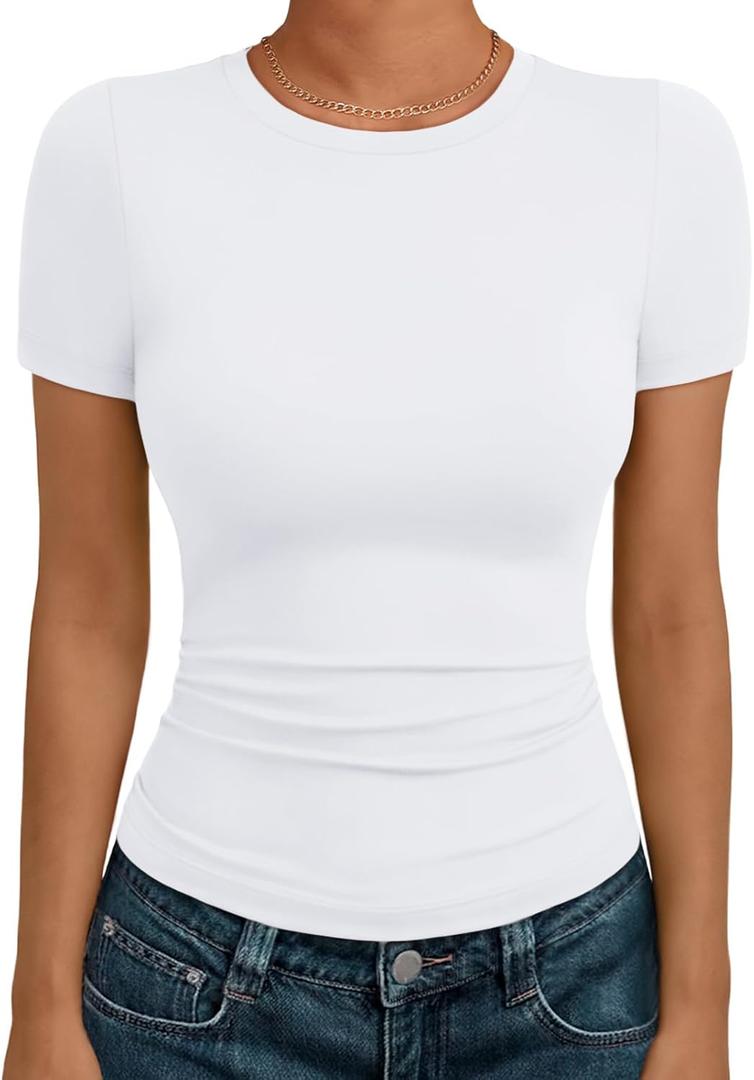 AUTOMET Women's Short Sleeve T-Shirt Basic Summer Workout Top Crew Neck Gym Crop Tee 2026 (M)