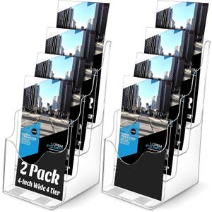Crtiin Pack of 2, 4 Tier Acrylic Brochure Holder Display Stand 4 x 9 Inch, Pamphlet Organizer Flyer Literature Clear Plastic Wall Mount Countertop for Classroom Booklets Magazines Office Home(4 x 9 Inch)
