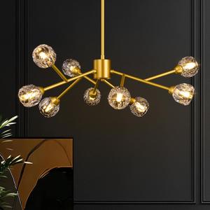 9-Light Sputnik Chandeliers, Gold Dining Room Light Fixture Over Table, Modern Crystal Chandelier, Brass Farmhouse Ceiling Light Fixture Hanging for Kitchen Island Living Room Bedroom Hallway