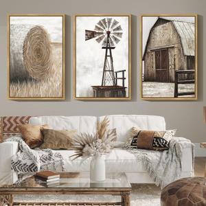Drsoum Farmhouse Wall Art Vintage Rustic Windmill Barn Cornfield Pictures Framed Painting Landscape Countryside Rural Canvas Artwork Home Decor Ready to Hang 24x36in - Natural Framed