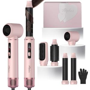 5 in 1 Hot Air Styler Brush, 1000W Hair Dryer with LCD Display, Auto Rotating Curler for Volumizing Fast Drying, Curling & Straightening Multi Styling Tools for All Hair with 3 Levels (Pink)