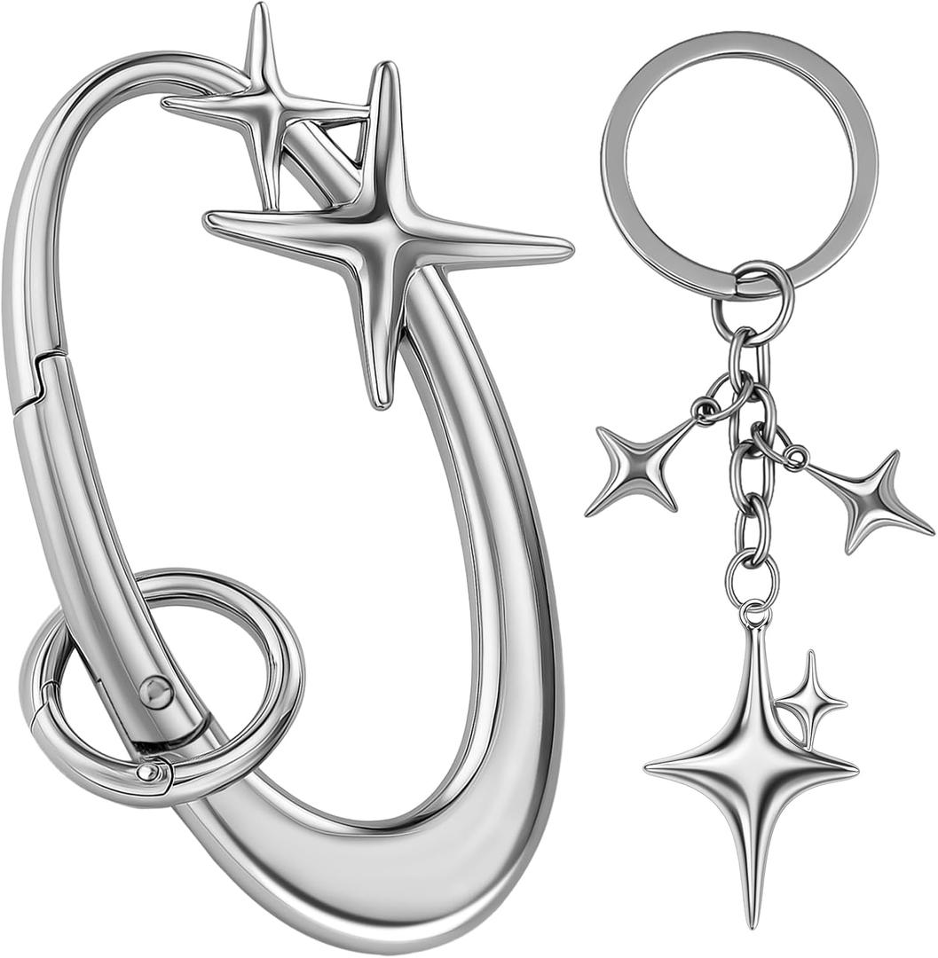 Zkptops 2Pcs Star Carabiner Y2K Keychain Aesthetic Star Moon Keychain Silver Fashion Key Chain Key Ring Accessory for Men Women