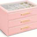 GUOER Jewelry Box for Women, Glass Lid Jewelry Organizer with 3 Drawers PU Jewelry Storage Case for Necklaces Rings Earrings Bracelets (Pink)