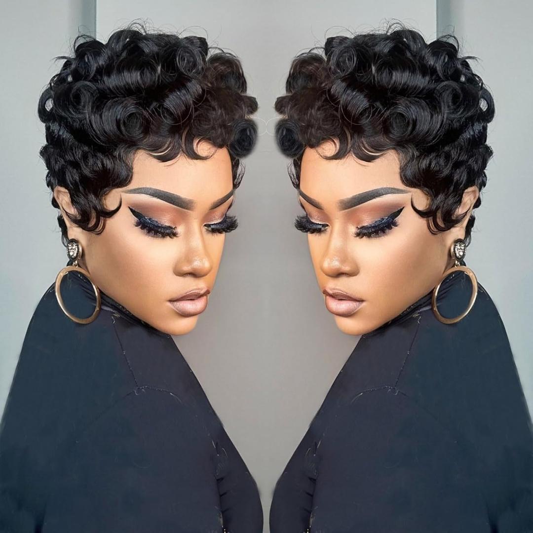 Pixie Cut Wigs for Black Women Pixie Cut Wig Human Hair Short Layered Wigs Full Machine Made Short Haircut Wig Glueless with Bangs Natural Color 1B