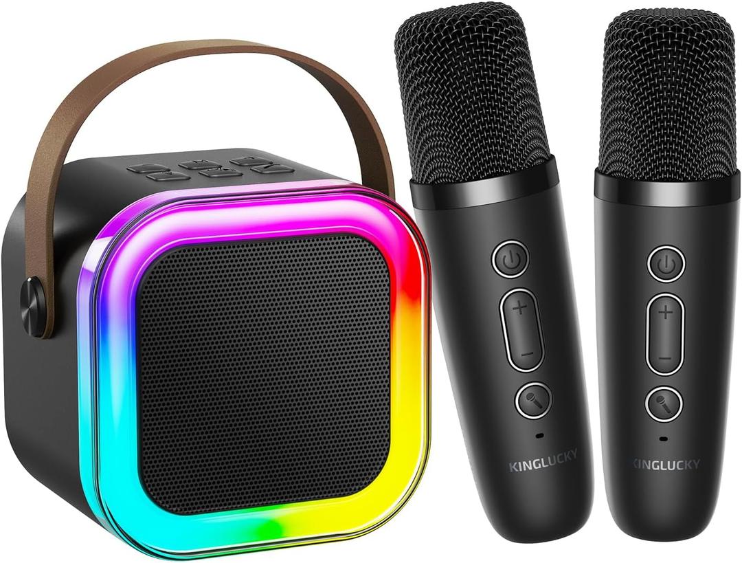 Kinglucky Mini Karaoke Machine for Kids, 2025 TOP Birthday Gifts Ideas for 3-12 Year Old Girls, Christmas Party Gifts Kids' Personal Video Players Accessories with 2 Wireless Microphones - Black