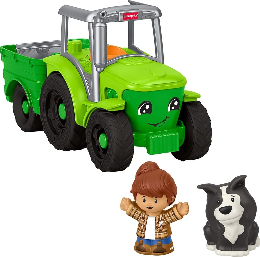 Fisher-Price Little People Push & Play Tractor, Multilanguage | English, French, Spanish, Portuguese, Push-Along Musical Farm Vehicle, Pretend Play with 2 Figures, Kids Ages 1+ Years