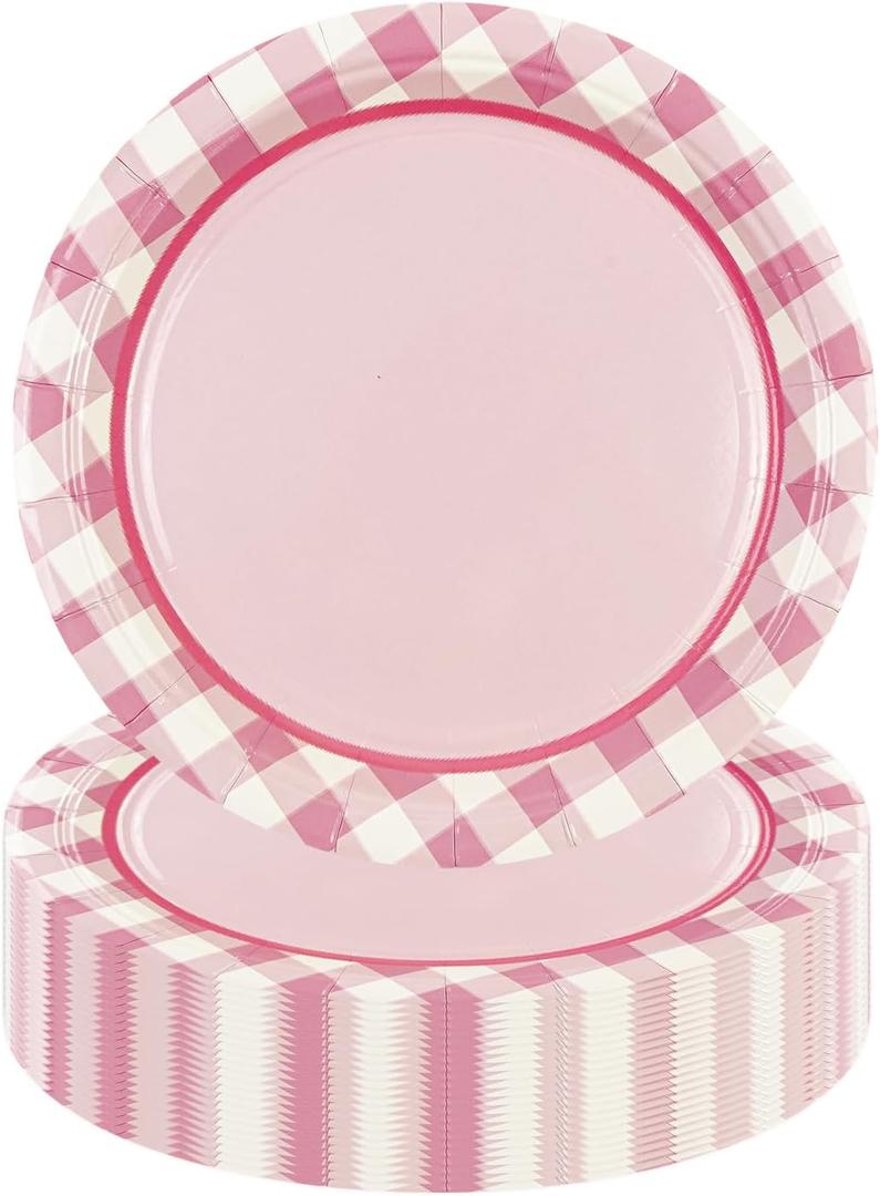 2 x 50PCS Pink Gingham Birthday Plates, 7 inch Disposable Gingham Cake Plates Plaid Dessert Plates for Picnic Barbecue Baby Shower Wedding Birthday Party Decorations