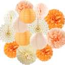 Beige-Orange Peach Fall Party-Decorations Paper-Lanterns- 14pcs Autumn Thanksgiving Harvest Birthday Boho Streamers Fan,Tissue Pom Poms, Baby Bridal Shower Wedding Engagement Decor Lasting Surprise