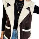MakeMeChic Women's PU Leather Fuzzy Vest Open Front Sleeveless Pocket Warm Jacket