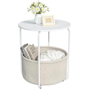 Matoresu Round End Table, Side Table for Living Room, Small Bedside Table for Small Spaces, Modern White Nightstand for Bedroom Nursery with Fabric Storage Basket