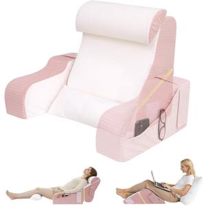 5PCS Reading Pillow for Sitting in Bed Adult, 2 in 1 Foldable Back Wedge Pillow for Sleep, Ergonomic Back Support Pillow with Arms for Watching TV, Gaming, Working, Recovery, 19 Pink