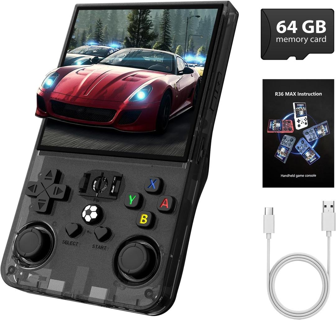 R36MAX Retro Handheld Game Console - 64GB Preloaded Classic Video Games, Support 30+ Simulators, Linux-Powered Portable Game Emulator Console with 4.0-in HD IPS Screen(Transparent Black)