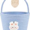 OIAHOMY Gift Basket with Handle, Personalized Baby Basket for Kids, Woven Rope Gift Empty for Toys, Baby Treasure Hunt Baskets with Wooden Card for Boys and Girls - Blue (7.9"D x 5.9"W x 5.9"H)