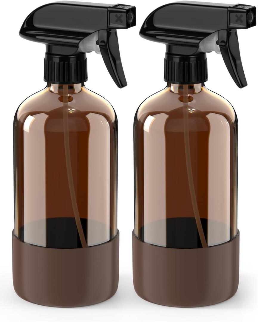 Bontip Glass Spray Bottle with Silicone Sleeve Protection, Amber Glass Spray Bottle Set for Window Cleaner Aromatherapy Facial Hydration Watering Flowers Hair Care 2 Pack/16 oz (Brown, 16 oz)