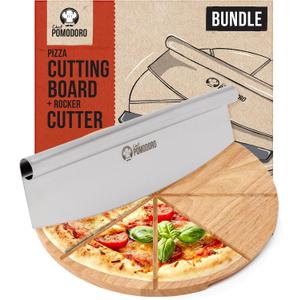 Chef Pomodoro 14" Pizza Cutter Rocker Blade and Pizza Cutting Board Set – Premium Stainless Steel Pizza Slicer with Wooden Pizza Serving Board – Pizza Wooden Board with Pizza Cutting Guide