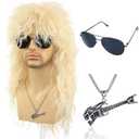 Morvally Men's Women 80s Blonde Rocker Mullet Wig with Glasses and Necklace - Long Blonde Curly Glam Rock-Rockstar Wig Perfect for Halloween, Cosplay, DIY Themed Costume Party
