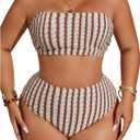 OYOANGLE Women's Plus Size 2 Piece High Waist Bikini Set Striped Bandeau Top Tummy Control Bathing Suits Swimwear (Brown, XXXL)