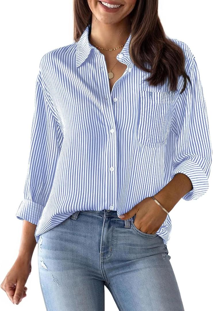 Womens Button Down Shirts Cotton Striped Dress Shirts Long Sleeve Button Up Collared Office Work Blouses Tops-Blue and White, Medium