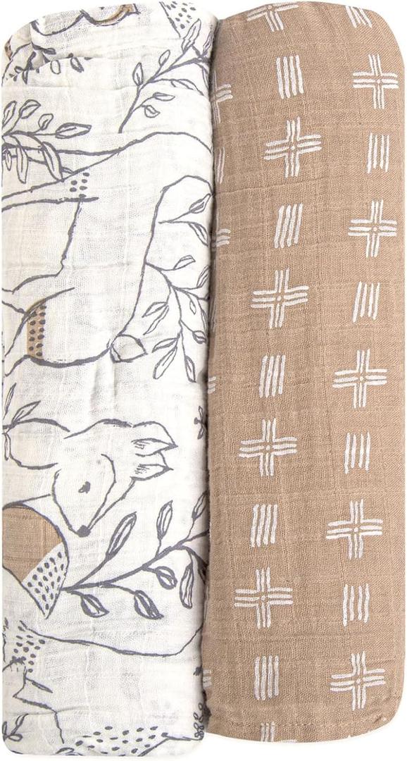 Crane Baby 100% Cotton Muslin Swaddle Blankets, Set of 2, 47" x 47", Boho Woodland Baby, Forest Animals Swaddle, Neutral Baby Items (Beige)