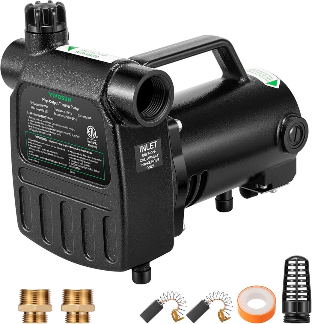 VIVOSUN 1HP Water Transfer Pump, 2700GPH Cast Iron Casing Water Transfer Utility Pump with ON/OFF Switch, Hose Adapters, Brass Connectors and Suction Strainer for Pools, Ponds, Aquariums, Black