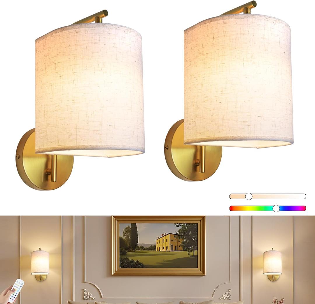 Rechargeable Battery Operated Wall Sconces Set of 2 Wireless Wall Lights with Remote Control 12 RGB Colors Magnetic Bulbs 5200mAh Battery Wireless Sconces for Bedroom Living Room (Gold) (Size: 9 inch, Base: Round)
