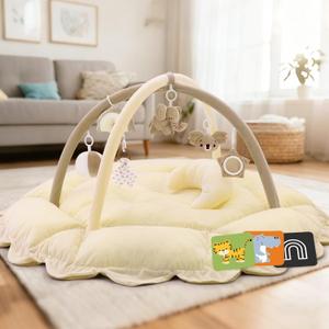 5-in-1 Plush Baby Play Gym, Tummy time mat, Play Mat, Baby Gym, Activity Mat with Convertible Gym, 6 Sensory Toys, Play Center from Newborn to Toddler, Dark Cream