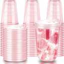16oz Disposable Stemless Glasses With Strawless Sip Lids,PET Disposable Drinking Cups,Clear Plastic Wine Glasses for Parties Birthday,Wedding,Meeting,Christmas Party Supplies (50, Pink)