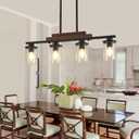 Pendant Lights Kitchen Island, 4-Light Farmhouse Chandeliers for Dining Room, Black Linear Chandelier with Clear Glass Shades, Modern Rustic Wood Chandelier with Adjustable Height