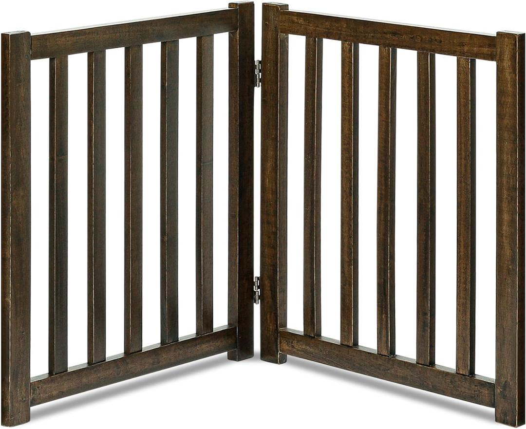 LZRS Wooden Free Standing Dog Gate 40" W x 24" H, Foldable Solid Hardwood Pet Safety Fence for House Doorways, Stairs, Hallways, Step-Over Pet Barrier, No Drill Easy Setup, Walnut