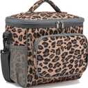 FlowFly Insulated Reusable Lunch Bag Adult Large Lunch Box for Women and Men with Adjustable Shoulder Strap,Front Zipper Pocket and Dual Large Mesh Side Pockets,Leopard