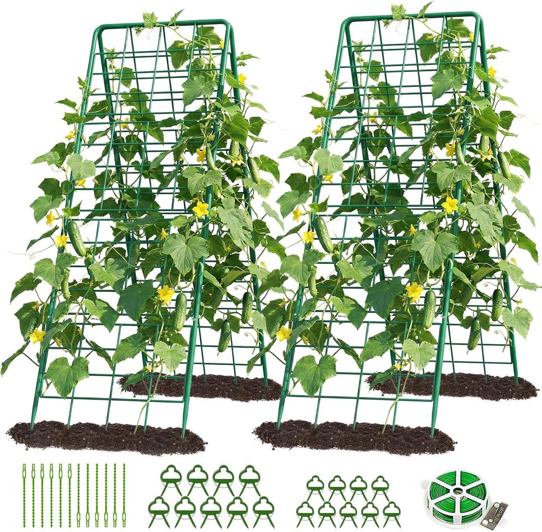 DoCred Cucumber Trellis, 59" H 2 Pack Metal Foldable Thickened A Frame Garden Trellis for Raised Bed Climbing Plants, Vegetables, Including Plant Support Clips, Twist Ties, Plastic Ties, Green